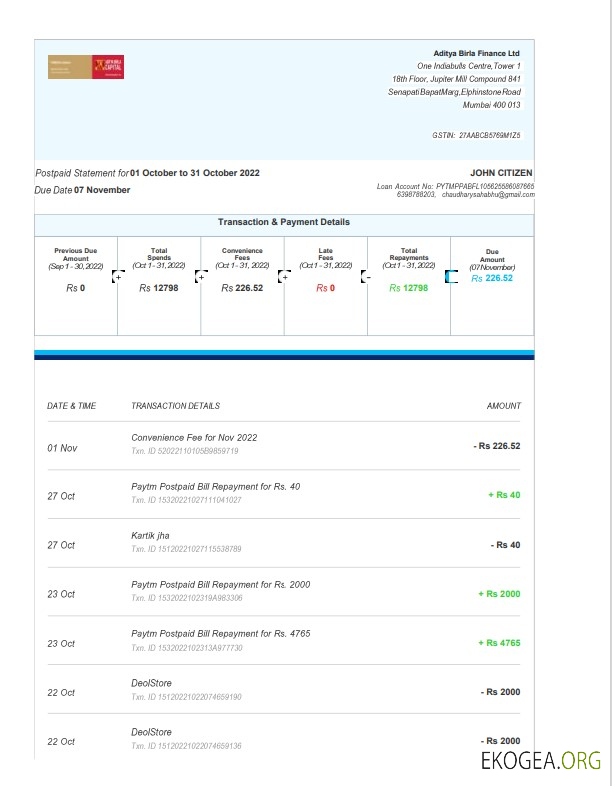 Modèle de relevé bancaire Inde Aditya Birla Finance Ltd, format Word et PDF, 3 pages